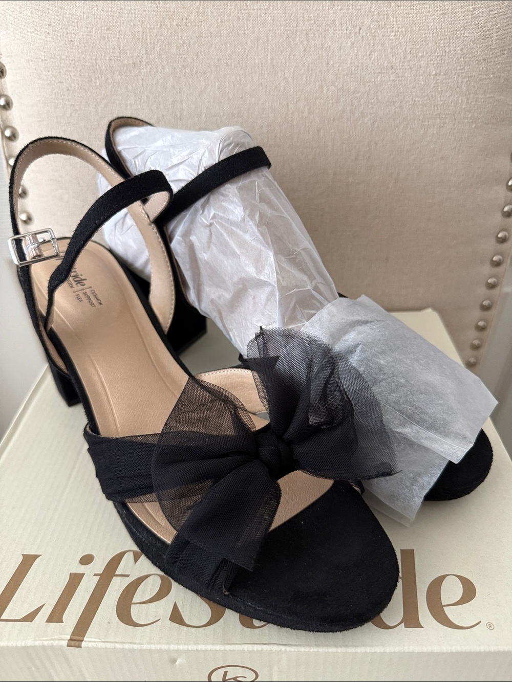Life Stride Black Suede Block Heel Sandals with Bow